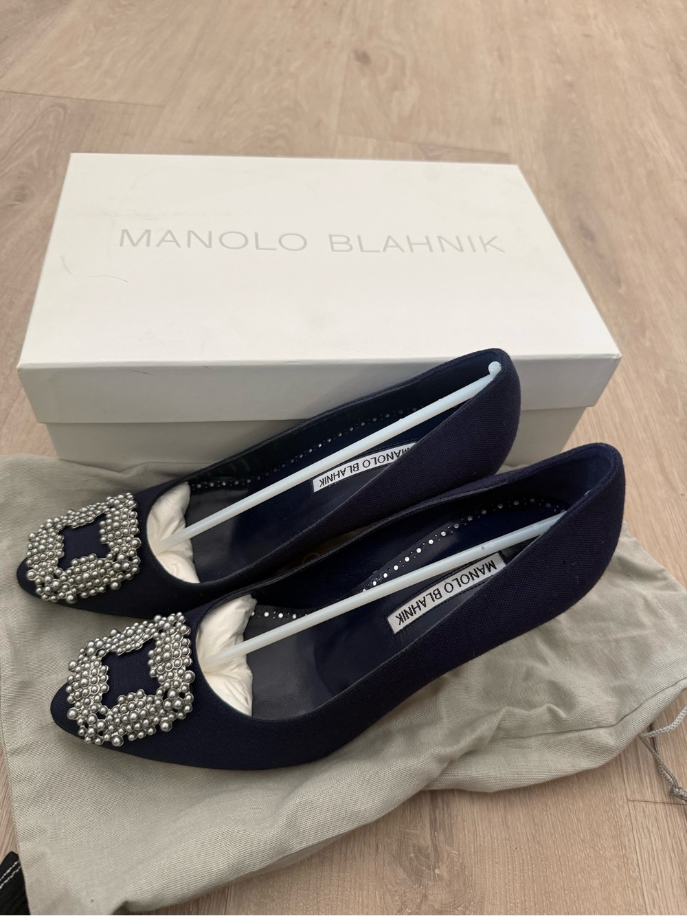Manolo Blahnik Navy Crystal-Buckle Pointed Pumps (BRAND NEW)